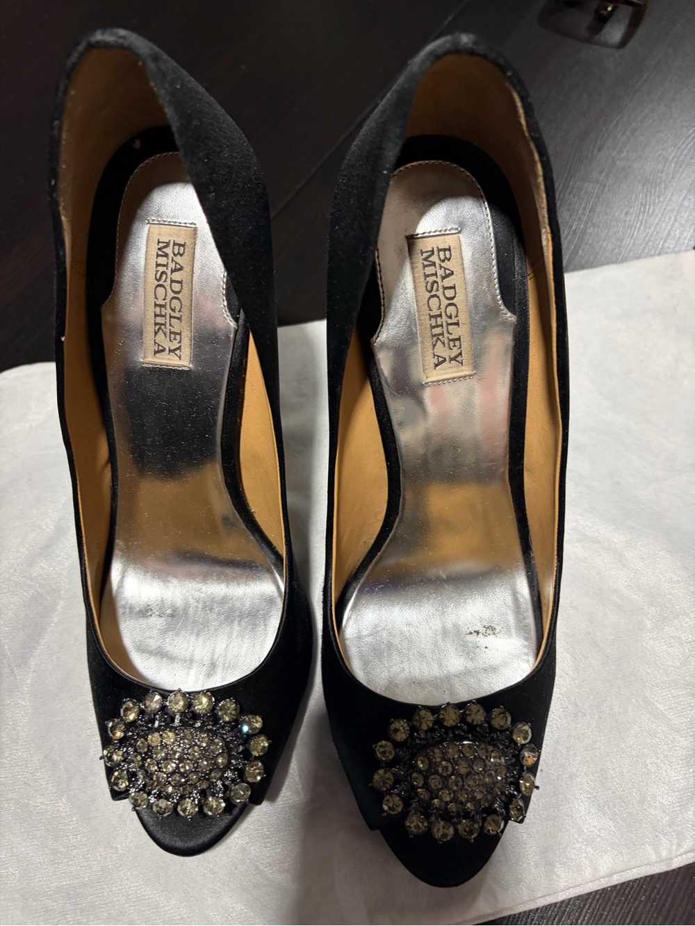 Badgley Mischka Black Satin Jeweled Peep-Toe Pumps
